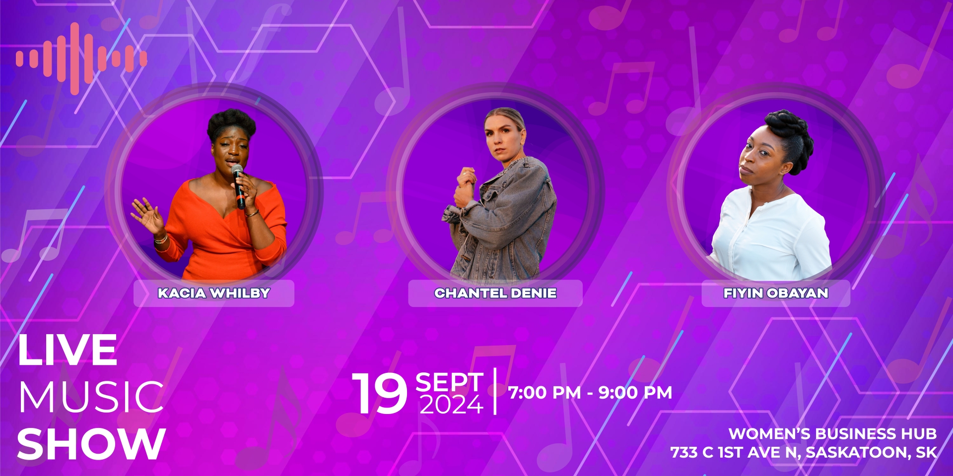 Purple background with music notes and octagon shapes featuring three women is African, One who is Jamaican and One who is of European descent.