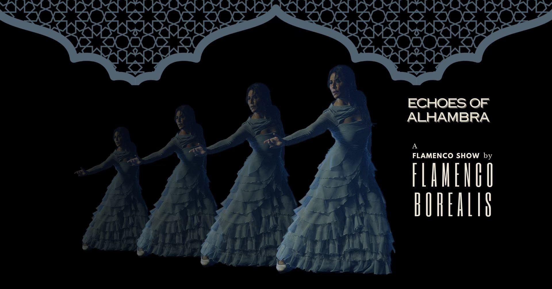A flamenco dancer replicated four times (like echoes) under a Moorish arch