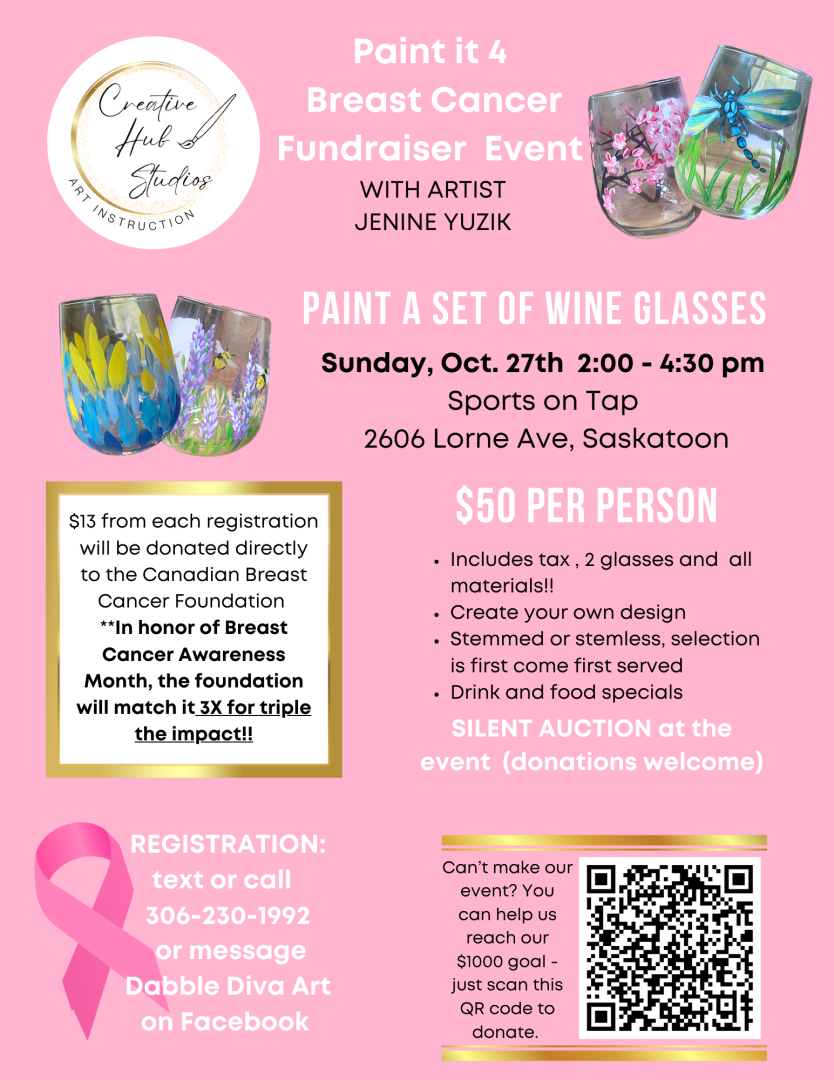 Breast cancer fundraiser - paint wine glasses event to help us raise $1000 for Breast Cancer Research in Saskatcjewan