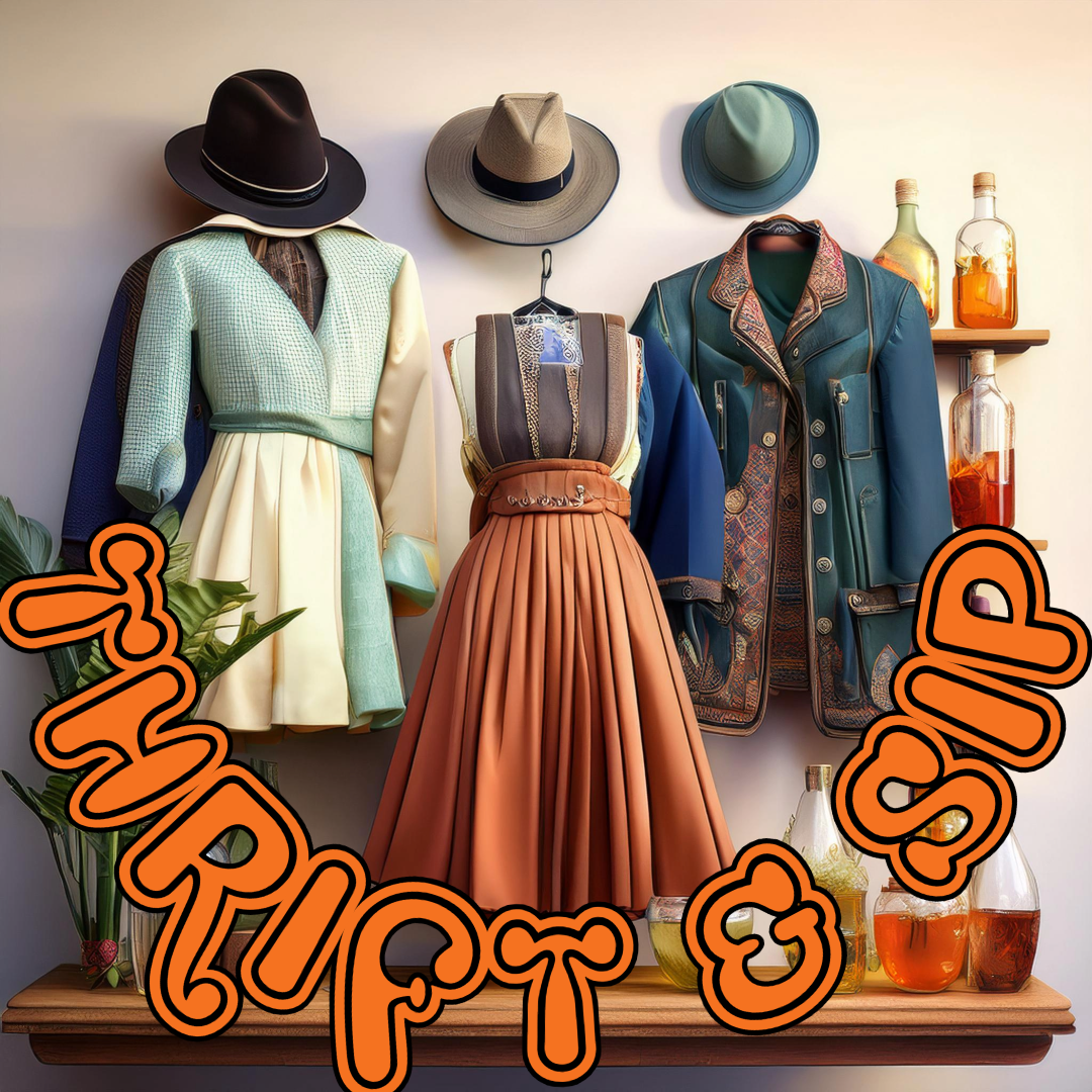 Vintage clothing, bottles of alcohol, trippy 60's style lettering "Thrift & Sip"