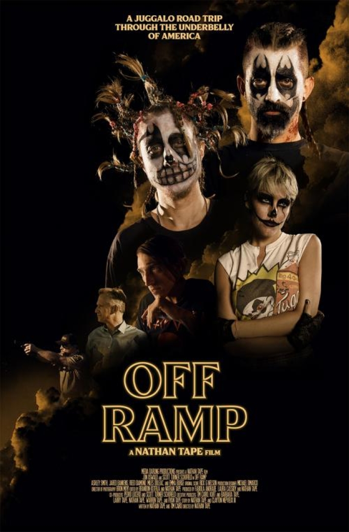 Image of the movie off ramp. Actors are looking off in the distance while wearing kiss/heavy metal makeup. Test says: "A juggalo road trip through the underbelly of america. Off Ramp; a Nathan Tape Film"