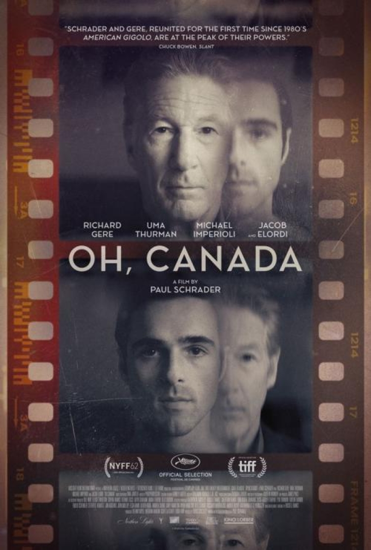 Poster of the movie Oh Canada, with photos of Richard Gere and Jacob Elordi. Text says actors names and a film by Paul Schrader.
