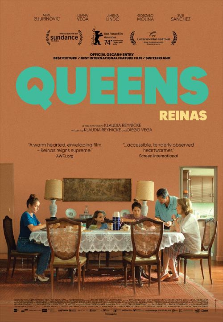 Poster of the movie Queens (Reinas), with a family eating at a dinner table with a brown and orange background. Text is reviews of the movie, including what film festivals it was shown at, like sundance. 