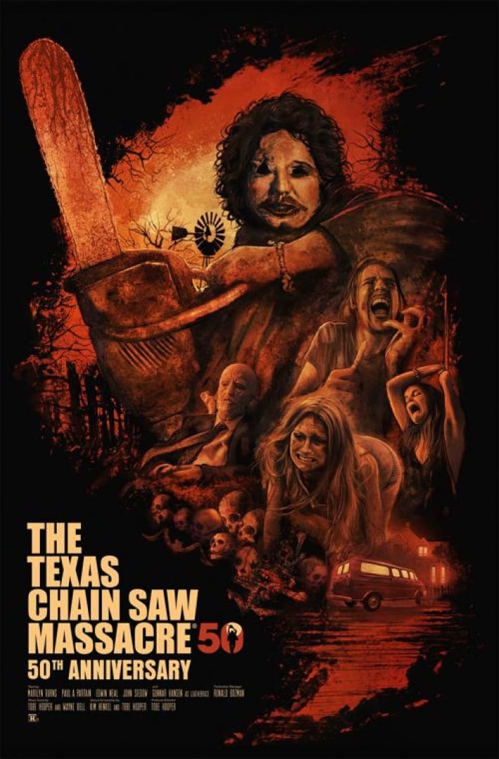 Image of the poster for the film Texas Chain Saw Massacre. Image is the bad guy with a chain saw and victims of his (presumably), all in red tone. Text is movies name and 50th anniversary added to the end. 