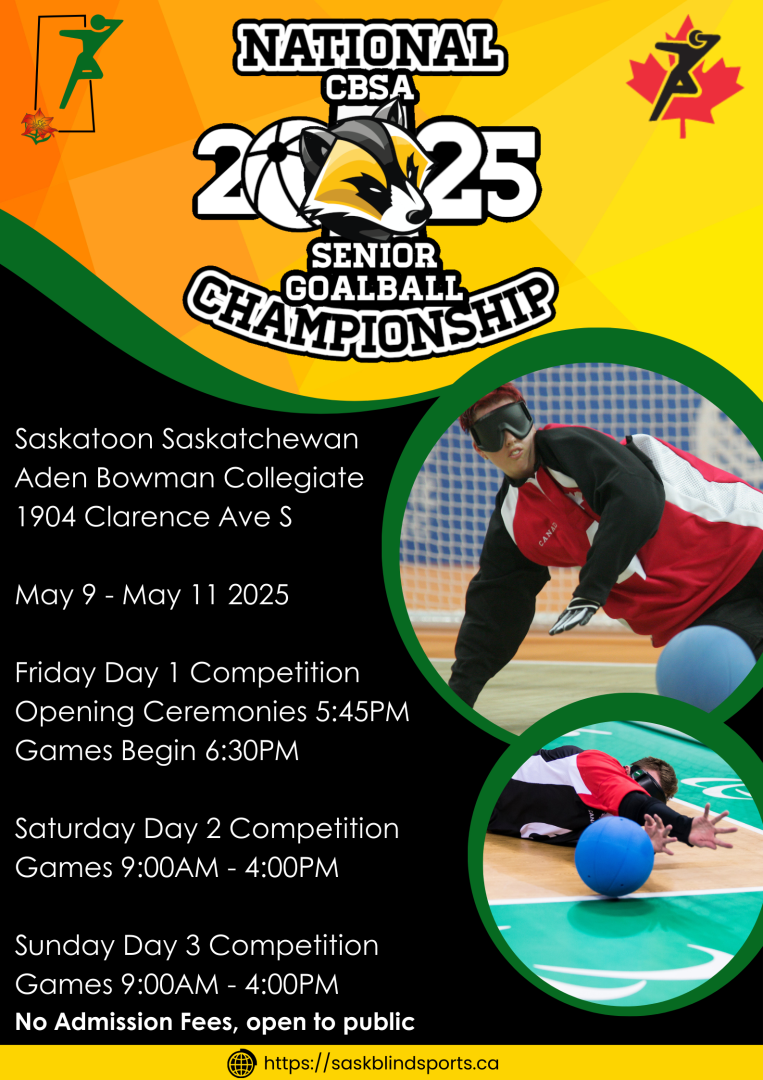 Logo depicts Rally, mascot for SBSA; pictures are of two Canadian Goalball Paralympians   