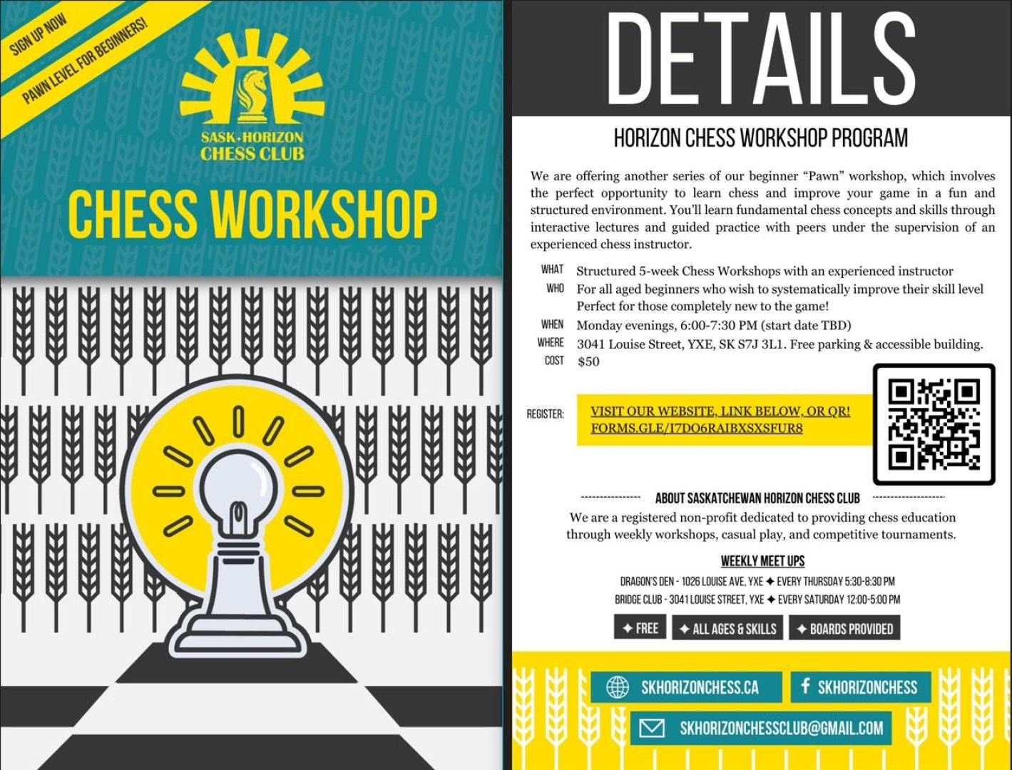 Pamphlet of the chess workshop with details (see our Facebook/website for details)