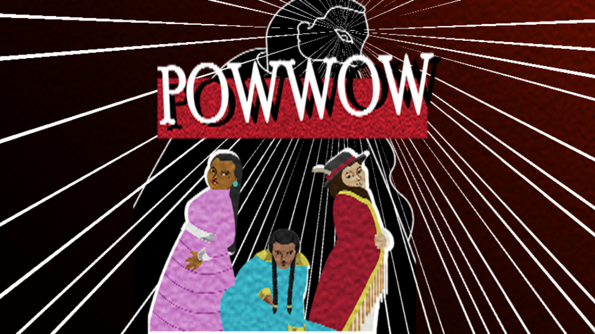 An illustration of three Indigenous women who are being watched over by a menacing figure. The word "Powwow" is displayed above their heads.
