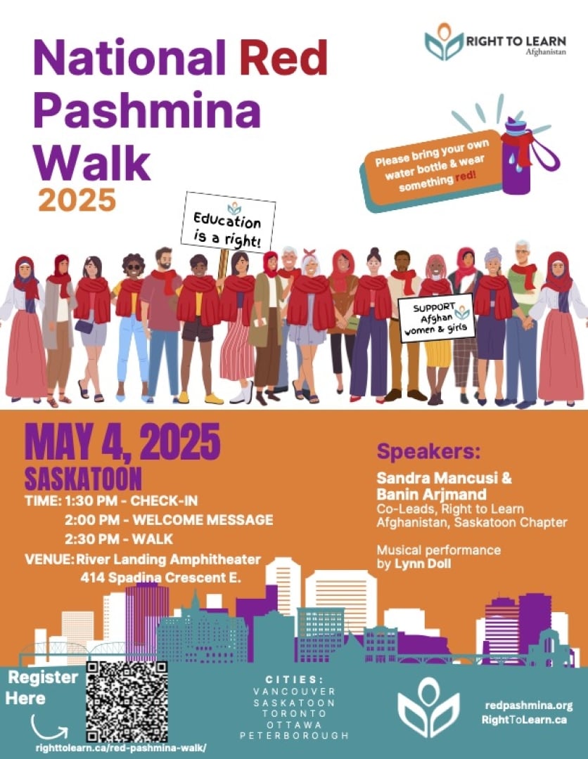 A poster for the National Red Pashmina Walk in Saskatoon on Sunday May 4th. Check in begins at 1:30 with the program and walk to follow at 2:00. 
