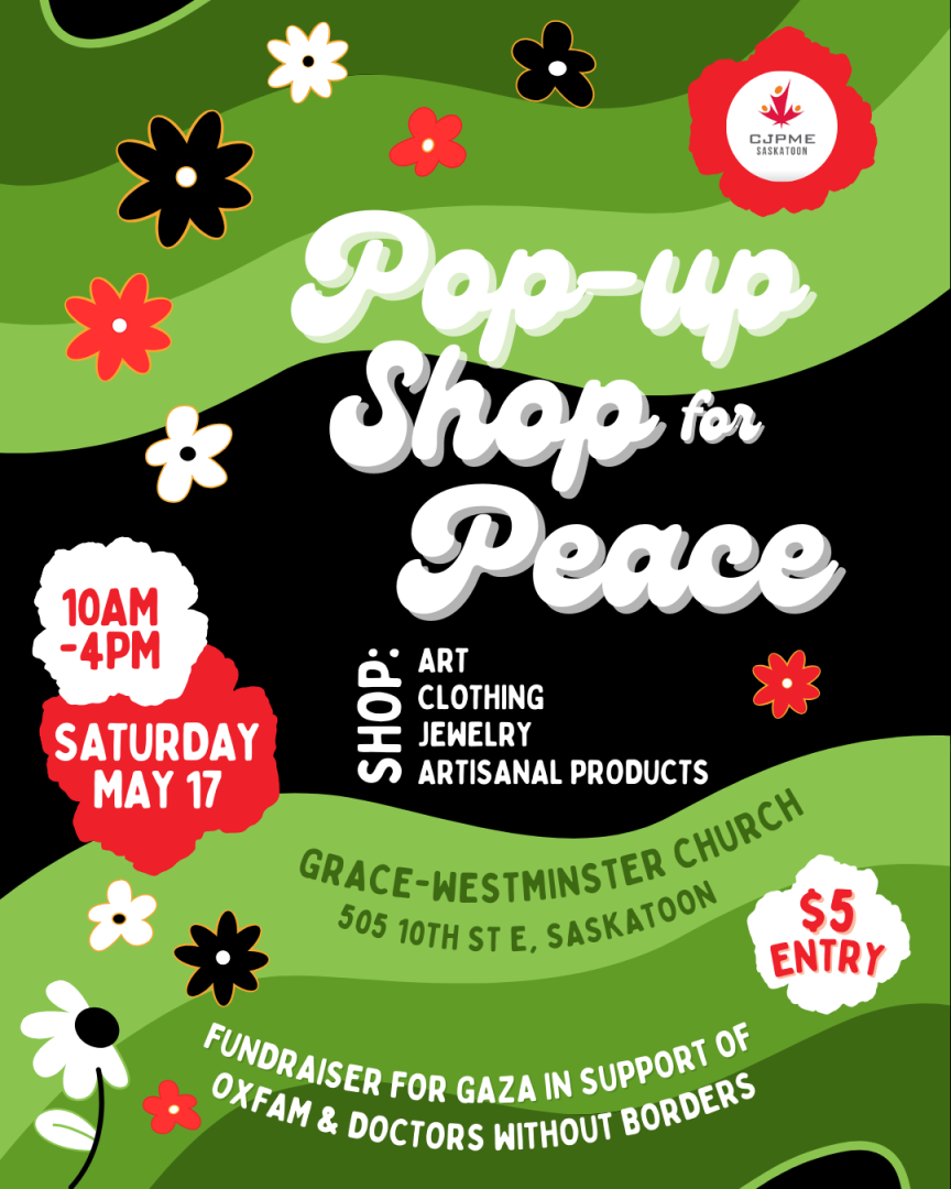 Pop-up Shop for Peace. Shop art, clothing, jewelry, artisanal products. Grace-Westminster Church. Fundraiser for Gaza in support of Oxfam & Doctors Without Borders.