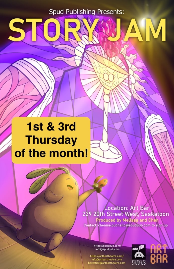 A colorful poster for "Story Jam" presented by Spud Publishing. The background features a vibrant stained glass window with a radiant sunburst design. In the foreground, a cute potato character with leafy hair holds a butterfly and smiles joyfully. Bold yellow text reads, "1st & 3rd Thursday of the month!" Event details at the bottom list the location as Art Bar, Saskatoon, with contact and website information.
