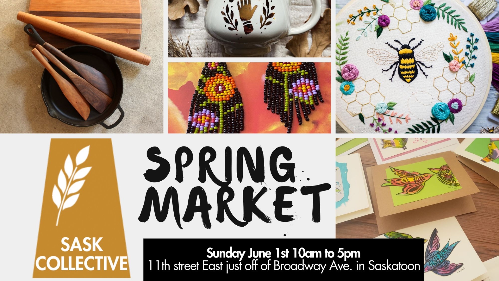 pictures of various crafts including pottery, embroidery, beading, painting, and woodworking on one side and the market info in script at bottom..