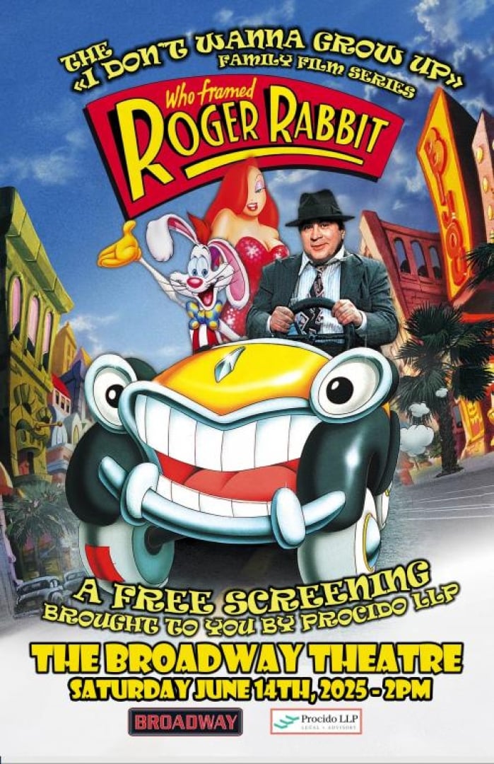 Image of the movie poster: who framed roger rabbit. Shows Bob Hoskins and an animated white rabbit and woman with red hair and red sparkly dress in an animated car with teeth and eyes instead of a car grill and car lights.