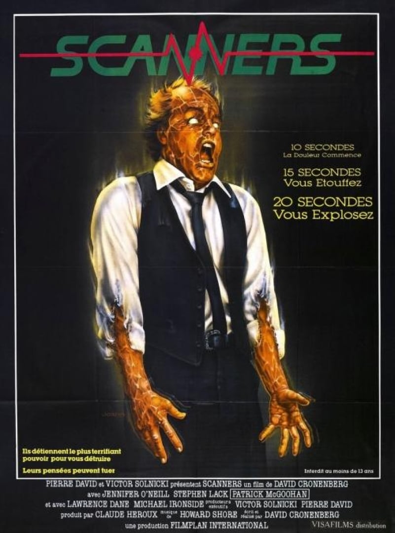 Image of the movie poster Scanners. It shows a man wearing a white button up with a black vest and black tie with veins clearly shown. 