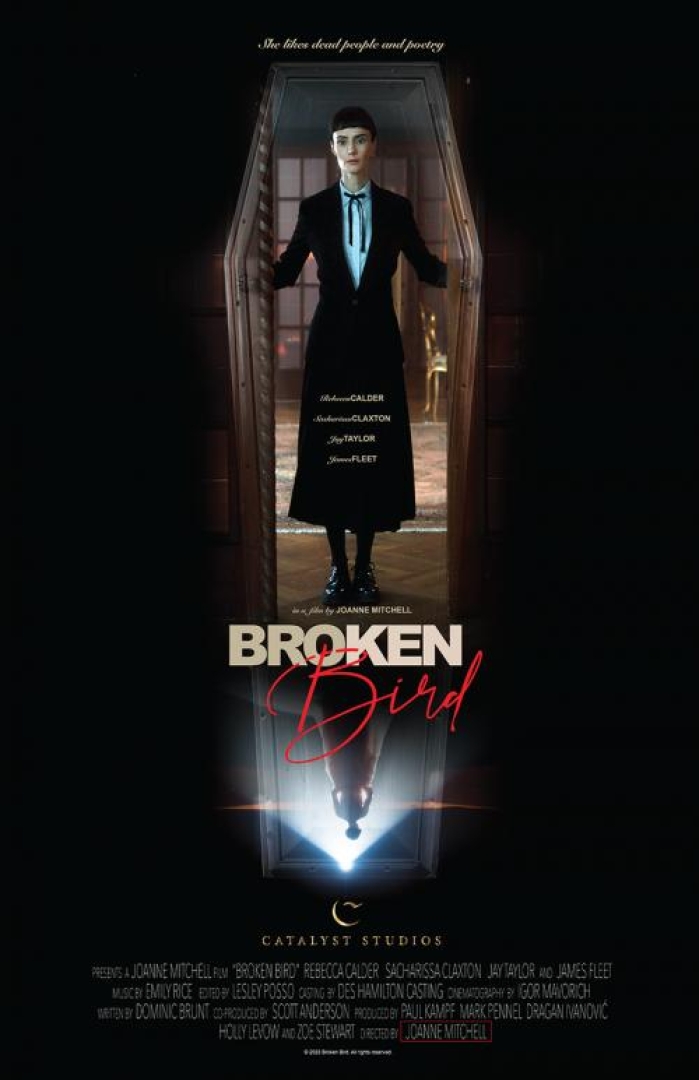 Image from the movie Broken Bird. Image shows a woman standing in a coffin silhouette doorway.  