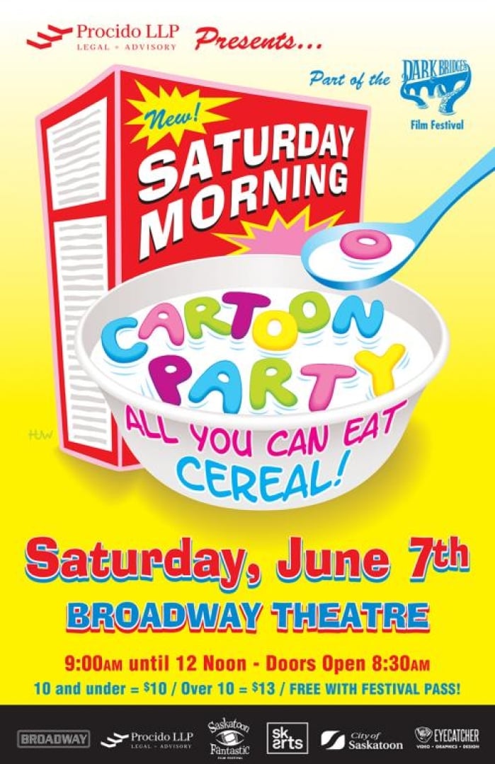 Image of a cereal bowl with the words cartoon party being used as the cereal in the bowl. Text says: Saturday morning; cartoon party; all you can eat cereal!