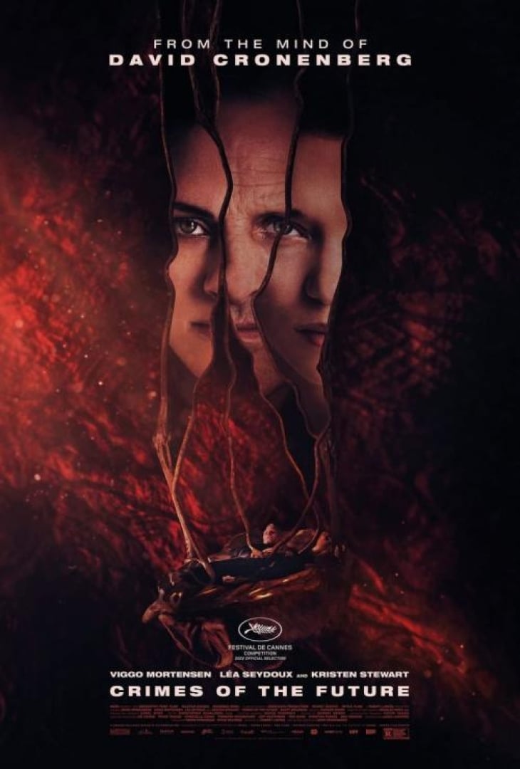 Image of the movie; Crimes of the future from 2022. Picture is a mess of three of the main actors faces. 