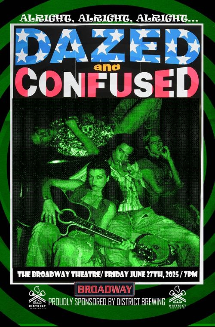 Image from the movie Dazed and Confused. Shows 4 of the actors lounging on a couch, with two smoking, another playing a guitar and the fourth playing at the top of the couch, all looking at the camera. Image is tinted to be green and black, distorting all the other colours.