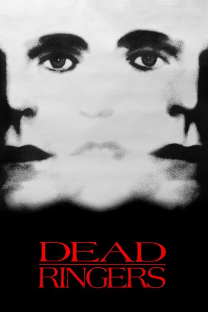 Image from the movie Dead Ringers. Shows two faces merging to create a third in the middle in black and white. 