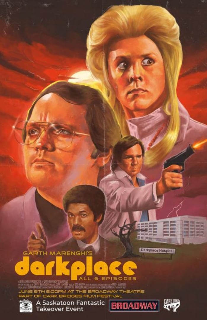 Image from the movie Garth Marenghi's darkplace. Shows 4 of the characters looking out into the distance in different directions in an old 80s style painting poster. 