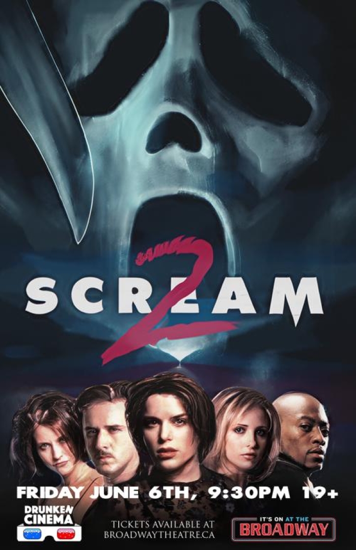 Image from the movie; Scream 2. Shows a masked person with a knife on top of the 5 main actors in the movie. 