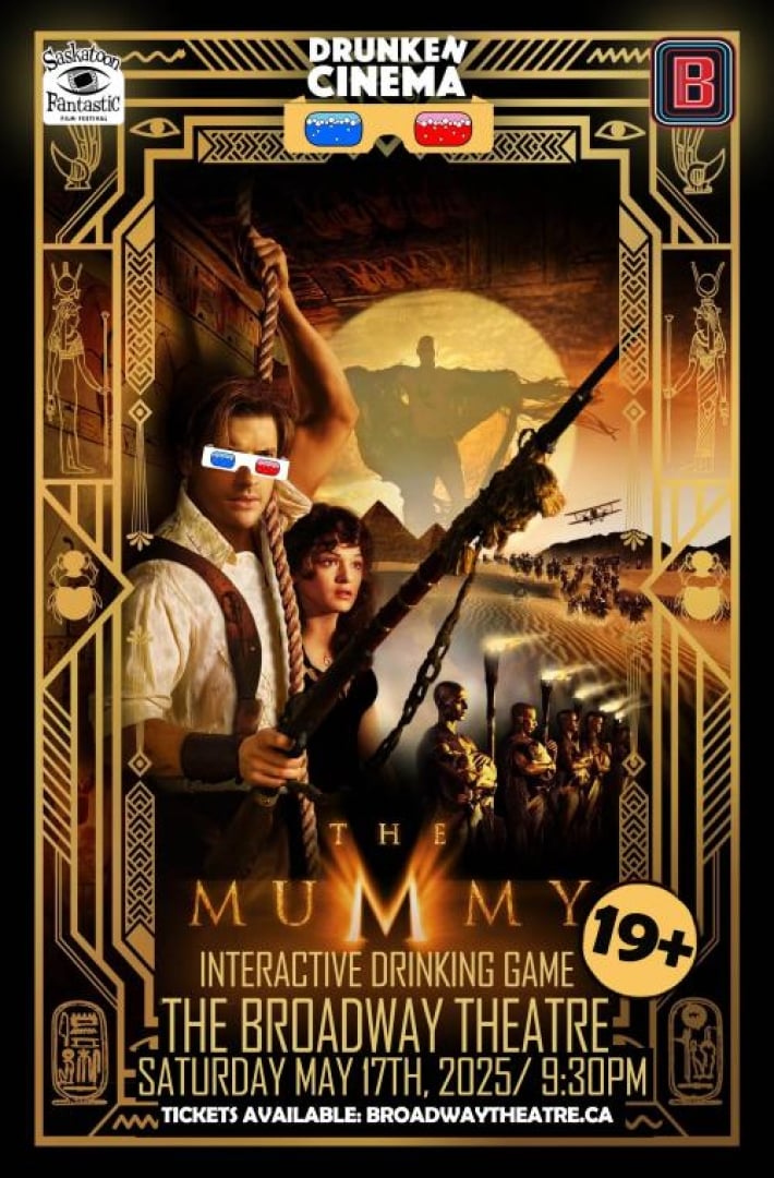 Image from the movie; The Mummy. Shows the main actors with a gun and sand dunes, with a row of men holding torches and then a man standing in front of the sun. 