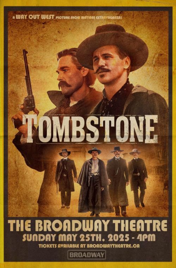 Image from the film Tombstone. Shows 4 people dressed up as cowboys in the wild west with moustaches and guns. 