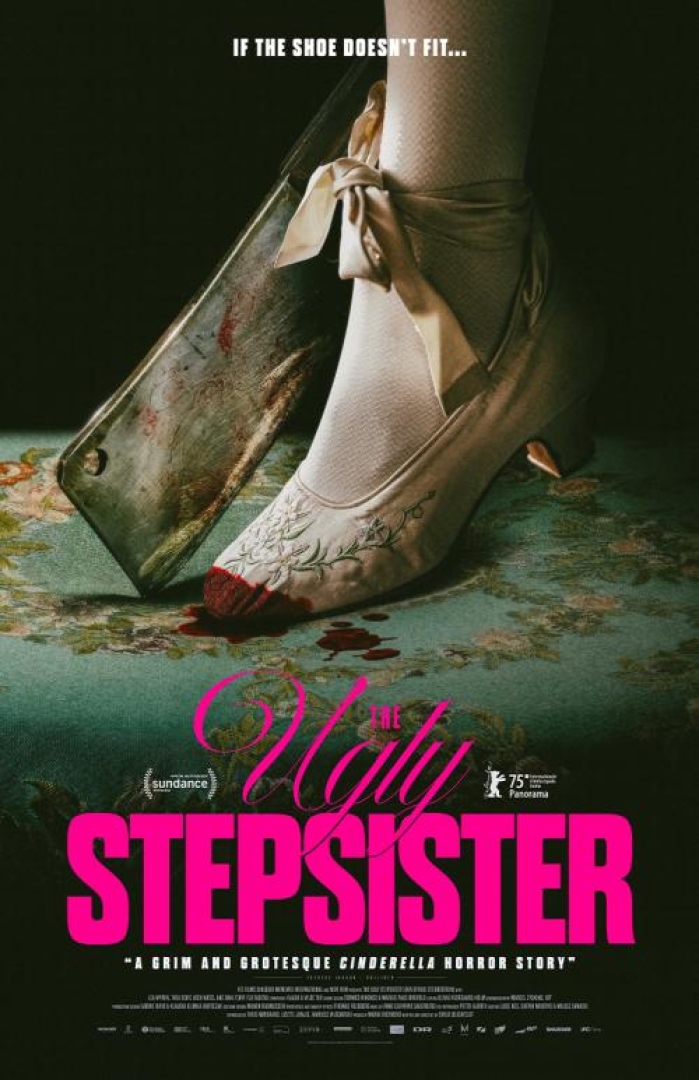 Image from the movie; the ugly sister. Shows a woman wearing shows with a ribbon tie and blood at the toes standing on a carpet/ A cleaver knife is on the ground beside the foot. 