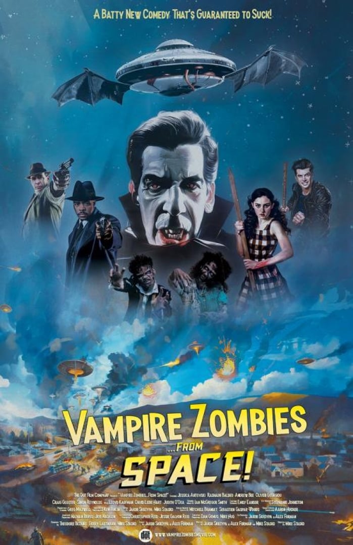 Image from the movie Vampire zombies..from space! Shows an image of a battle field with fires everywhere and UFOs in the sky, and a ufo with bat wings. 