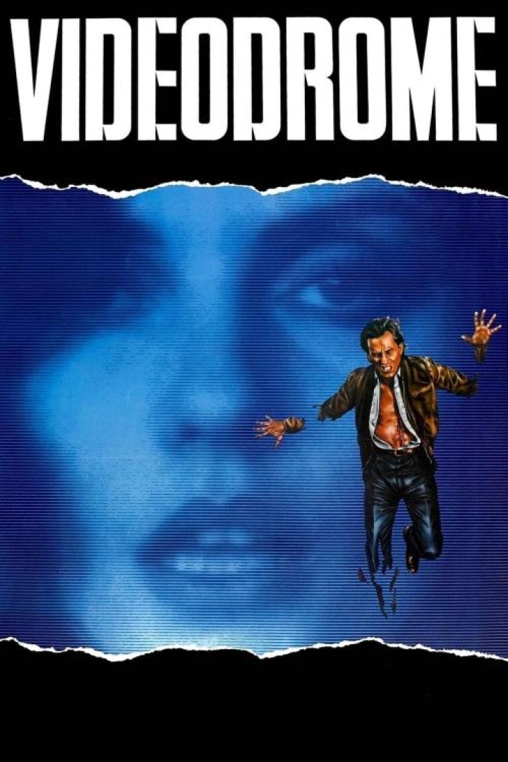 Image from the movie Videodrome. Shows the face of a woman in the background with a blue tv static filter and then a man with his shirt ripped open looking as if he is trying to escape from the tv. 