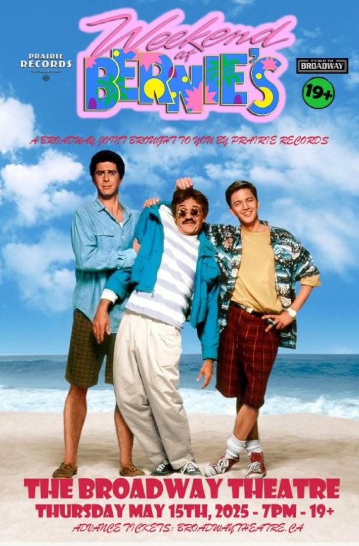 Image of the movie; Weekend at Bernie's. Shows two men holding up a third man in the middle by his hair and shoulders. 
