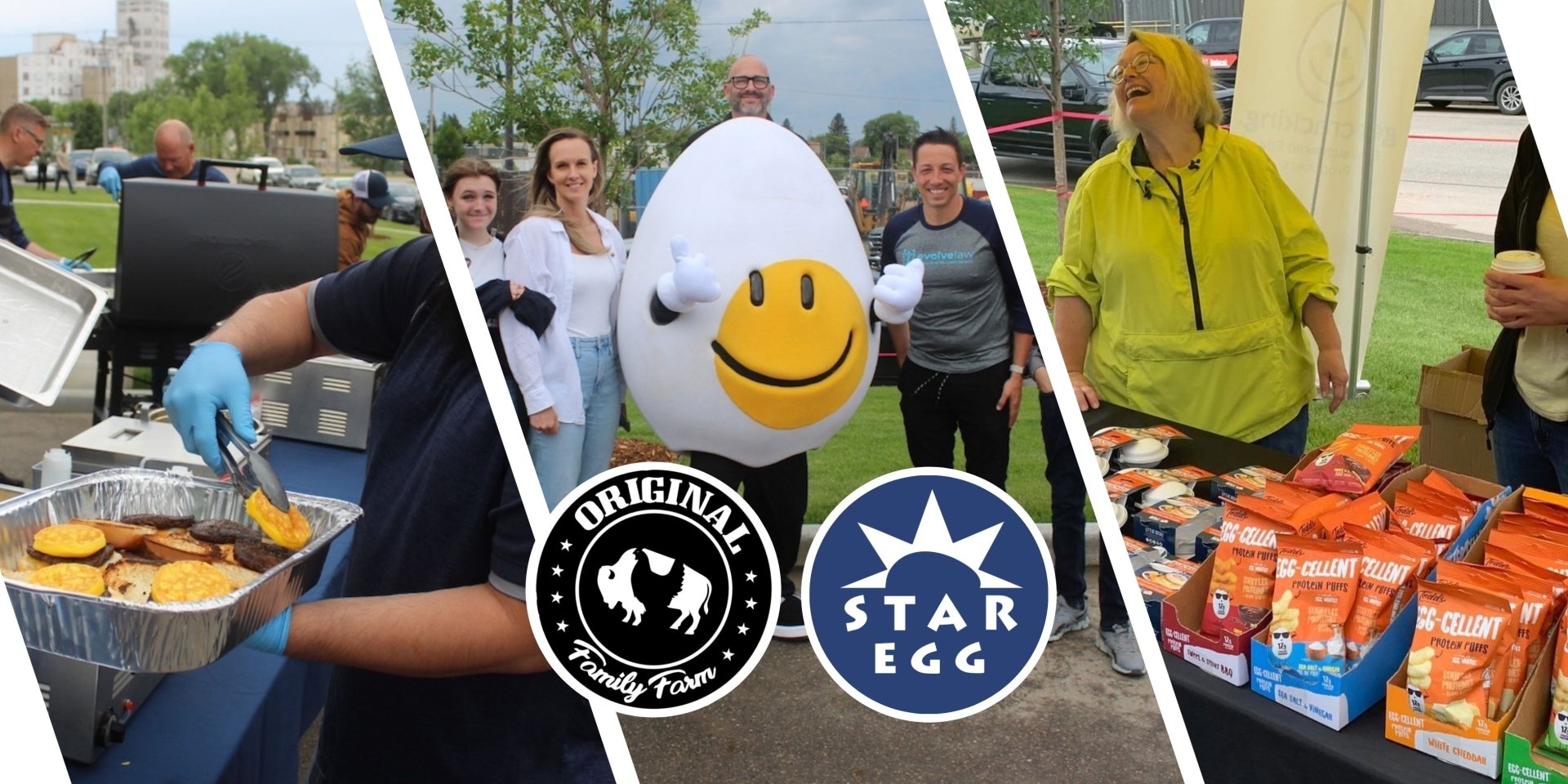 This banner shows scenes from a community breakfast event. On the left, volunteers grill breakfast sandwiches. In the center, people pose with egg mascot Yolkie, alongside the logos for Original Family Farm and Star Egg. On the right, snacks are handed out at a table, creating a cheerful, welcoming vibe.