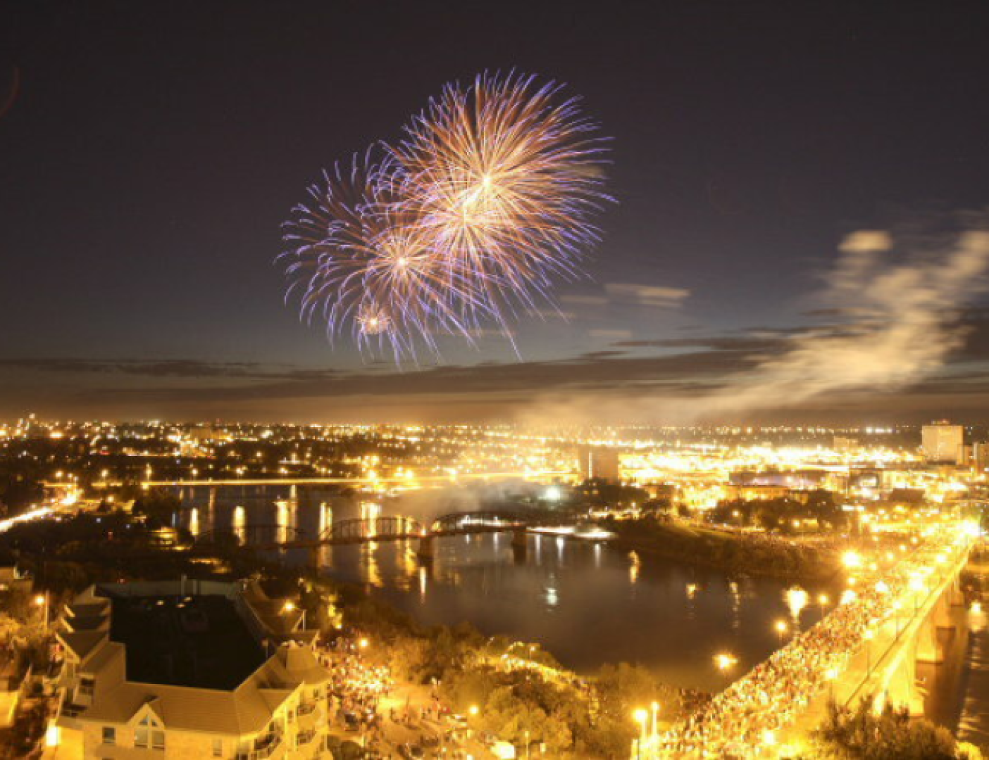 Fireworks over the saskatchewan river. 