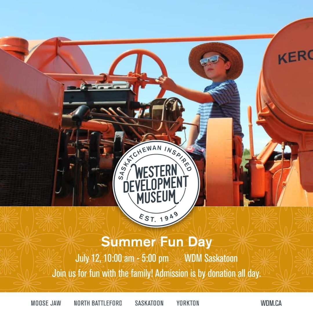 A child on old farming equipment along with the details of the event
