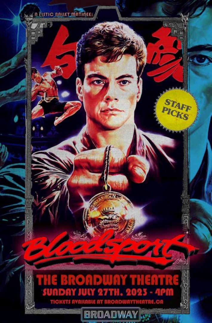 Image of Jean Claude Van Damme from the movie Bloodsport. Shows a painted image of him holding a medallion, with a picture of him fighting in the background.