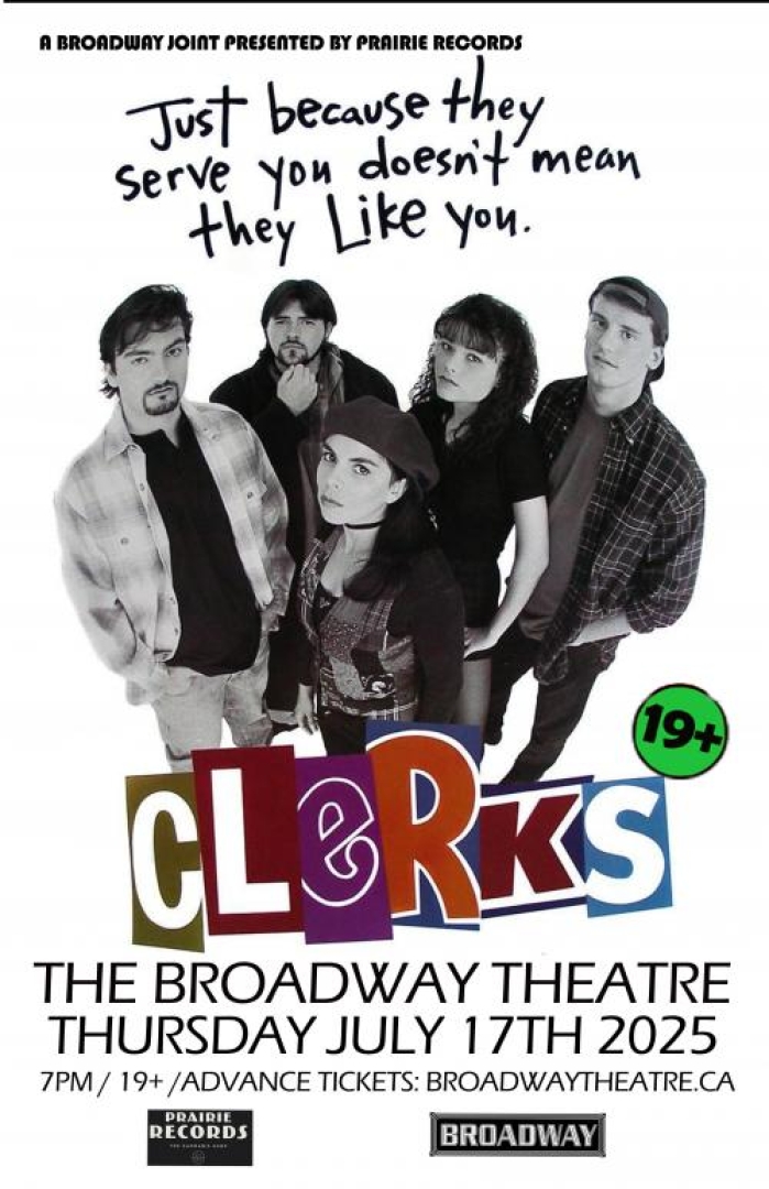 Image of the cast from Clerks, all dressed in 90s attire and looking at you through a fisheyes pov. Image is in black and white and clerks is spelt using a magazine cutout of letters. 