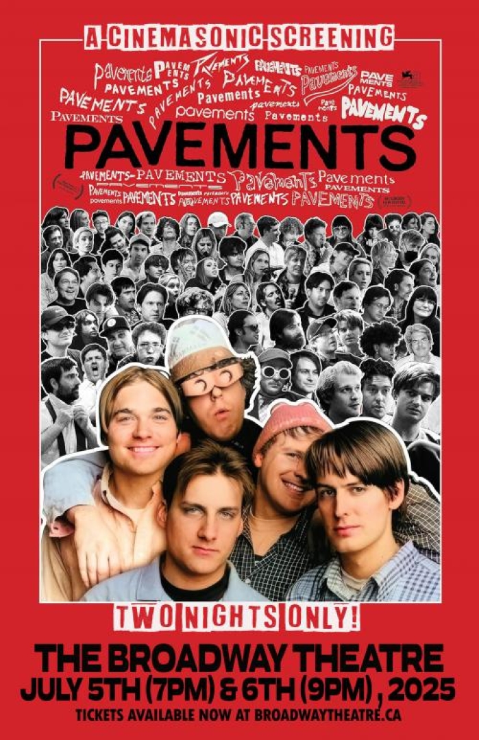 Image of the band Pavements when they were in their early 20s, with cast of the movie in black and white behind them. 