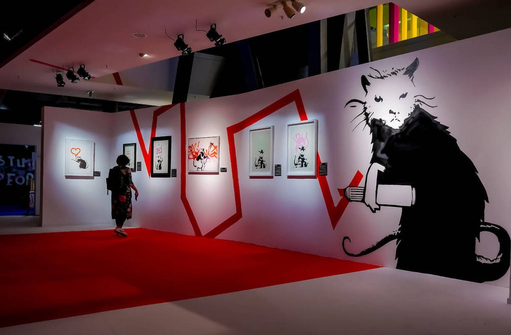 dimly lit art gallery