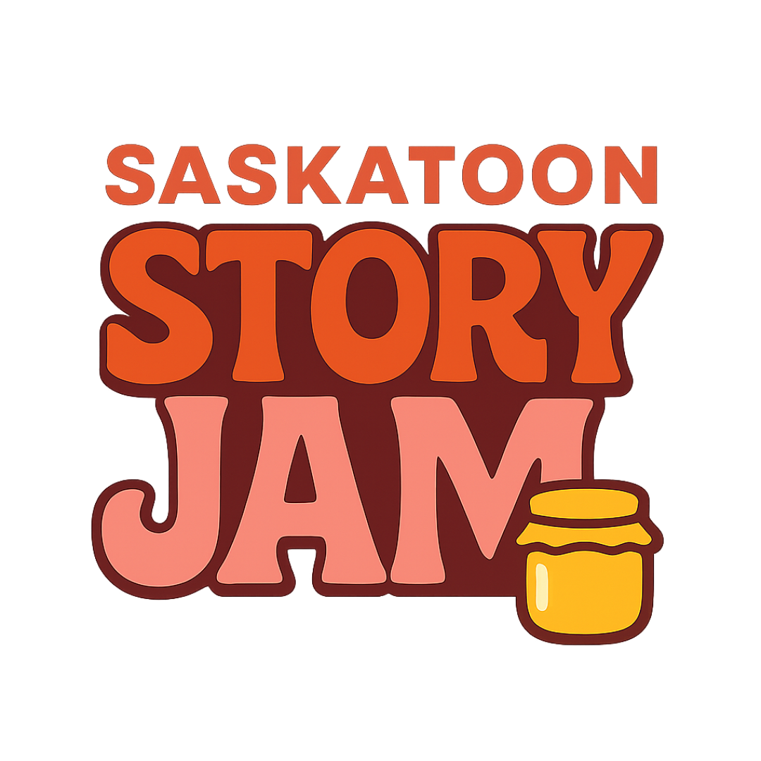 A colorful logo for "Saskatoon Story Jam." The text is bold and playful, with "SASKATOON" in uppercase orange letters, "STORY" in larger, rounded orange-red letters, and "JAM" in big pink letters. A small illustrated jar of jam with a yellow lid appears next to the word "JAM," emphasizing the fun, creative tone of the event.