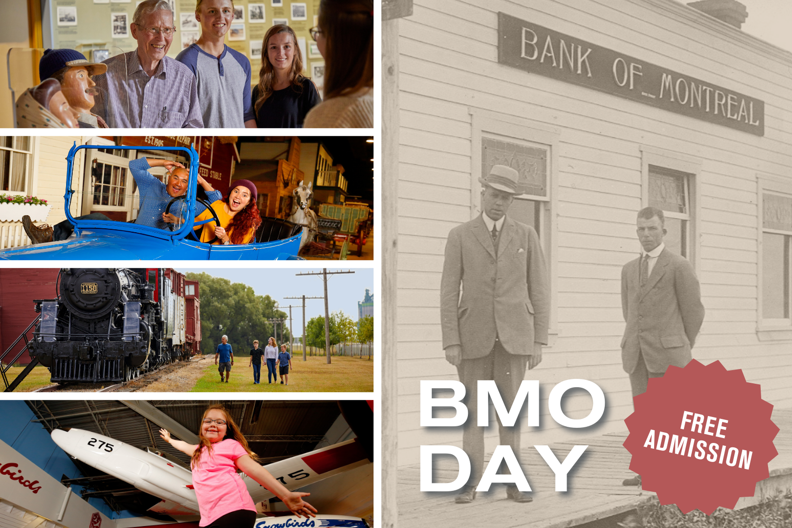 Pictures of people and artifacts at WDMs across the province are shown next to an older photo of two men standing in front of the Bank of Montreal.