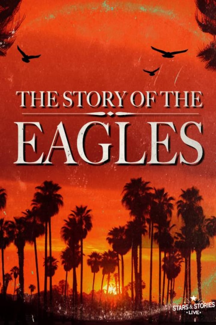 Image of an orange sunset with sillouettes of palm trees and flying birds. Text is written: The Story of The Eagles