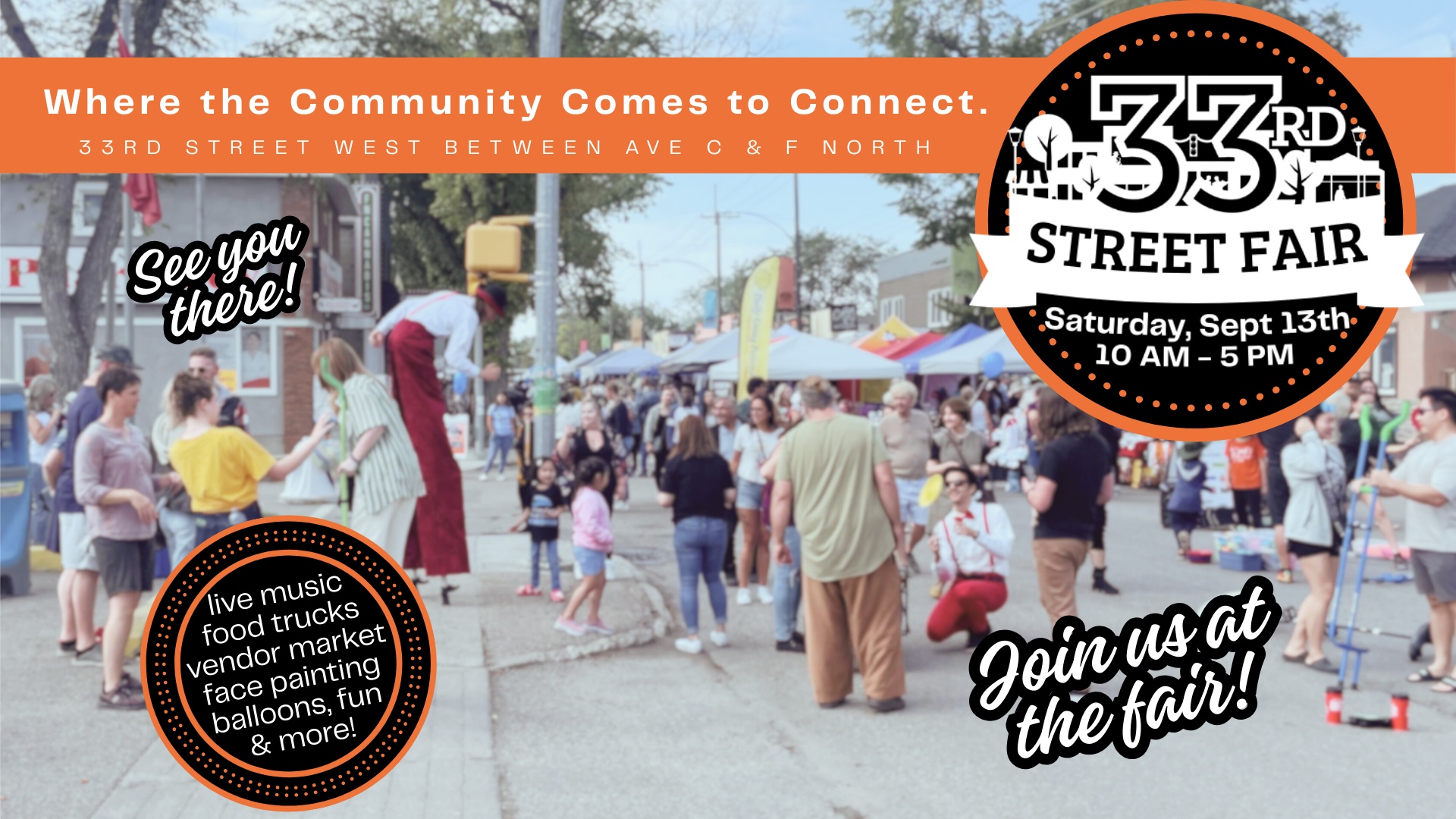 People talking and having fun at the 33rd Street Fair with vendor tents in the background.