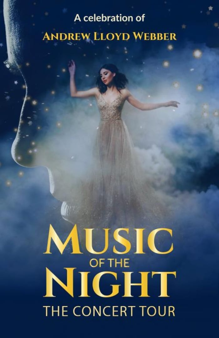 Image of a faded silhouette of a face and stars in the background with a woman in a dress in the foreground partially covered by fog. In gold text: A celebration of ANDREW LLOYD WEBBER MUSIC OF THE NIGHT THE CONCERT TOUR