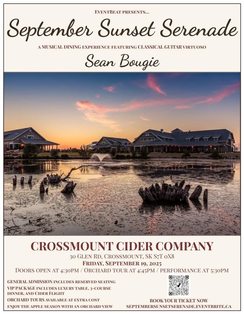 Poster promoting September Sunset Serenade at Crossmount Cider Company: a romantic evening of classical guitar by Sean Bougie