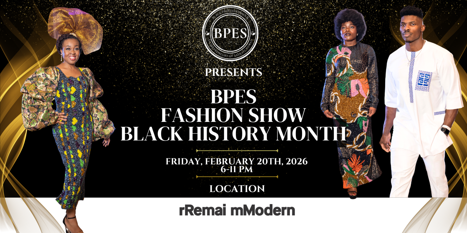 BPES Fashion Show poster with three models in African-inspired outfits for Black History Month, Feb 20, 2026.