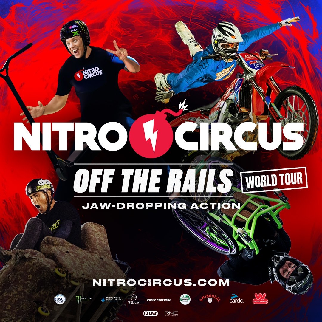 Thrill Sports, P1 Live and RNC Entertainment proudly present the 2025 NITRO CIRCUS‘OFF THE RAILS’ TOUR. Nitro Circus features jaw-dropping stunts, top-tier athletes and unstoppable energy.