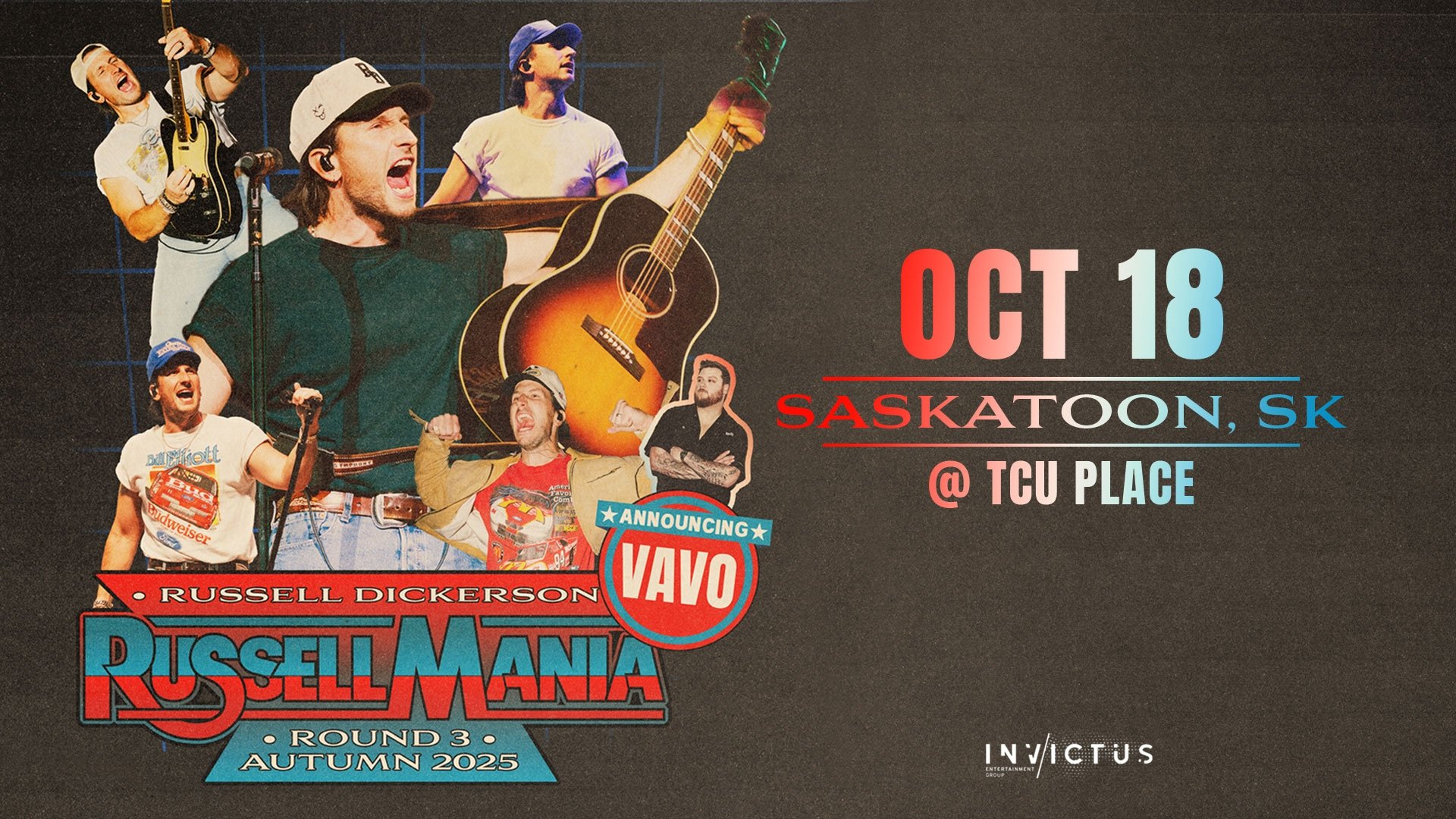 An image featuring a collage of musician Russell Dickerson, promoting his RUSSELLMANIA Tour on October 18 at TCU Place in Saskatoon,SK.