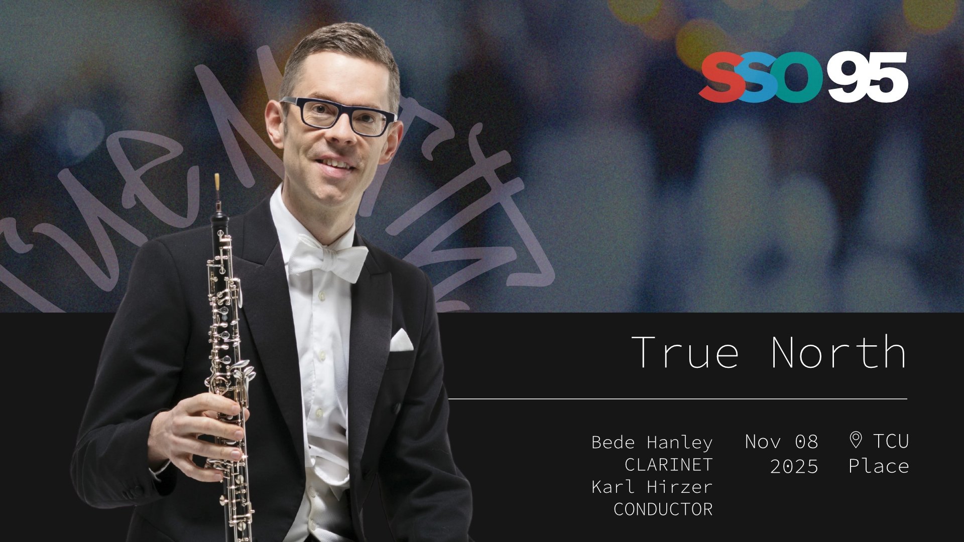 An image of a man holding an oboe with the SSO 95 logo.