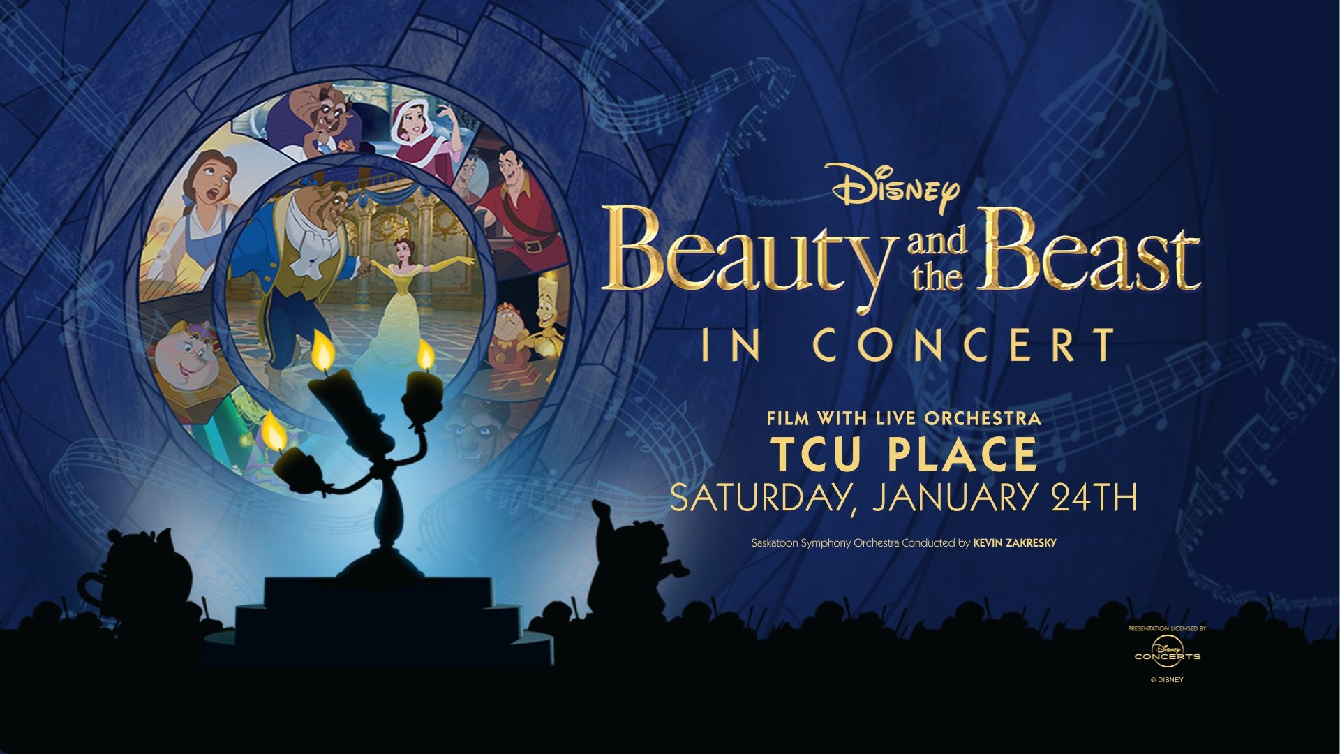 An image of a blue background with characters from the Disney film Beauty and the Beast superimposed.