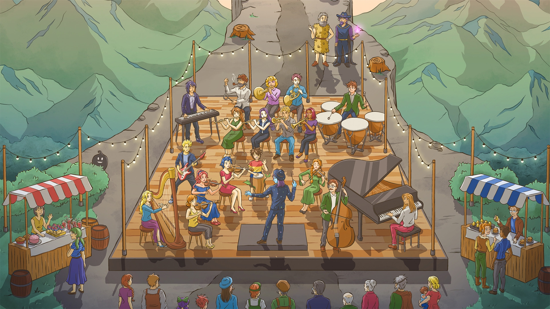 An image of Stardew Valley characters playing in a symphony orchestra.