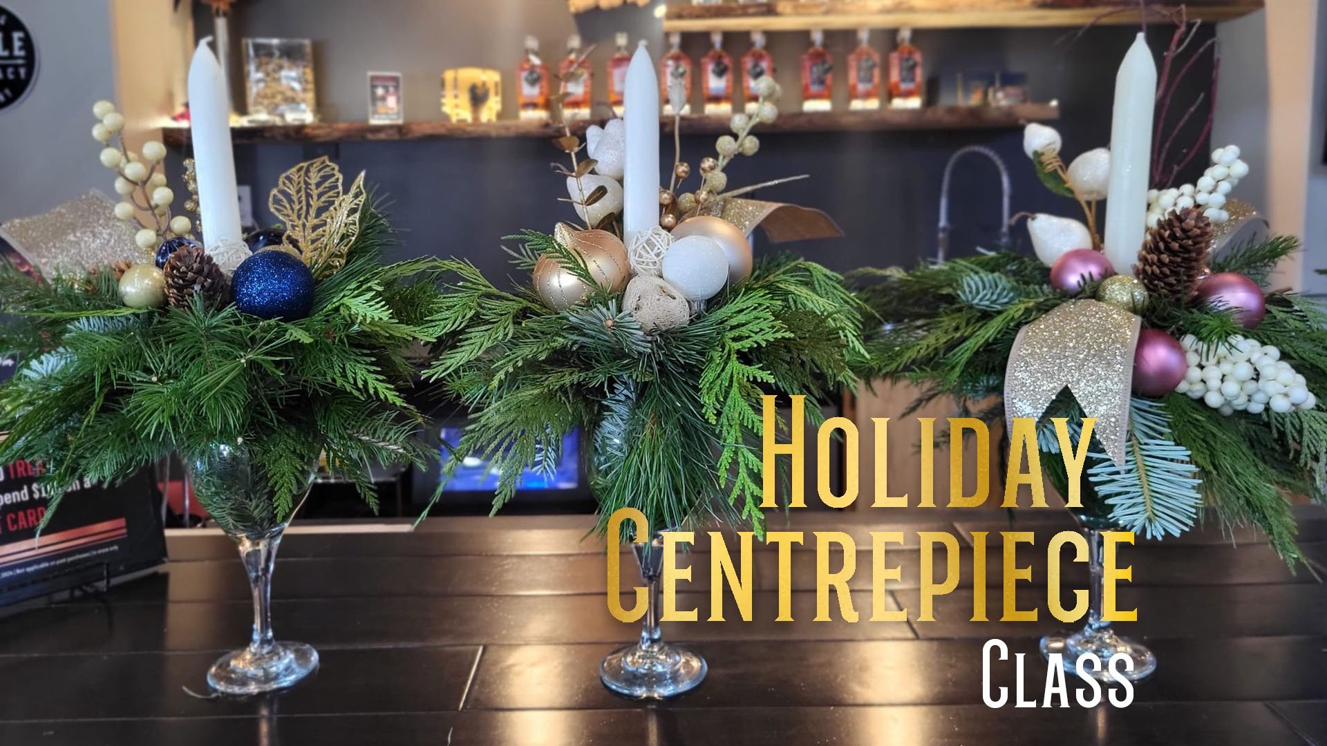 Three beautiful holiday centrepieces line the bar at Black Fox